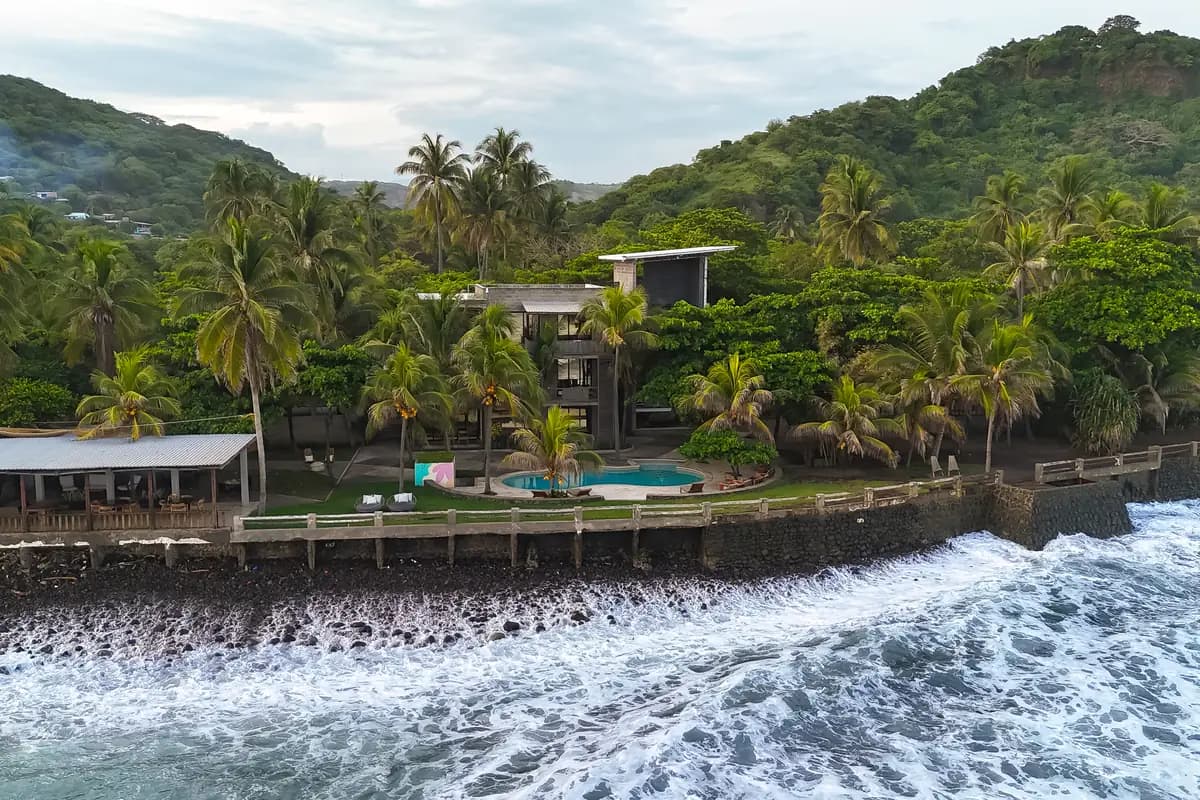 Aerial view of Fisherman's Resort Life on the ocean, Playa Las Flores